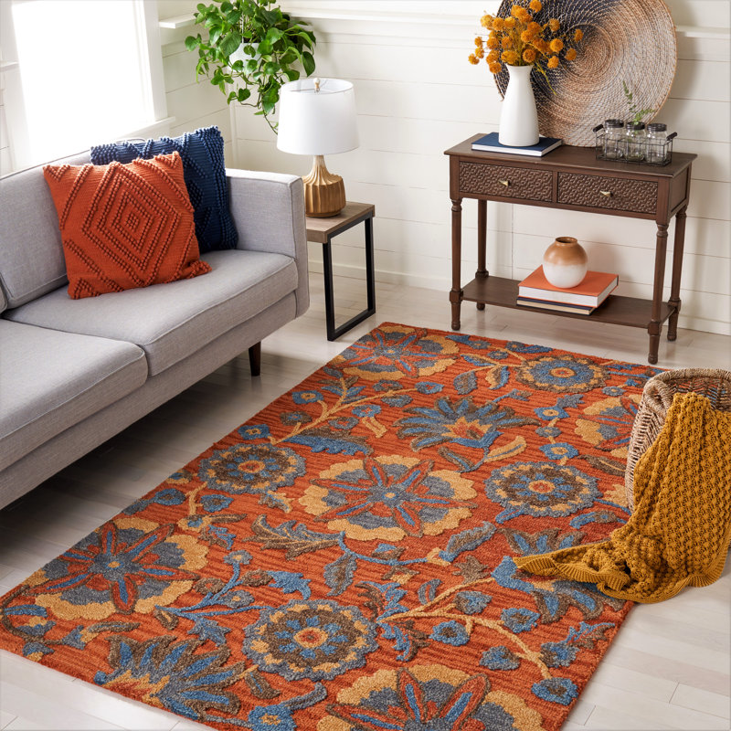 Tapis en laine / coton touffeté à la main à motif floral Gagner, Carré 6 pi