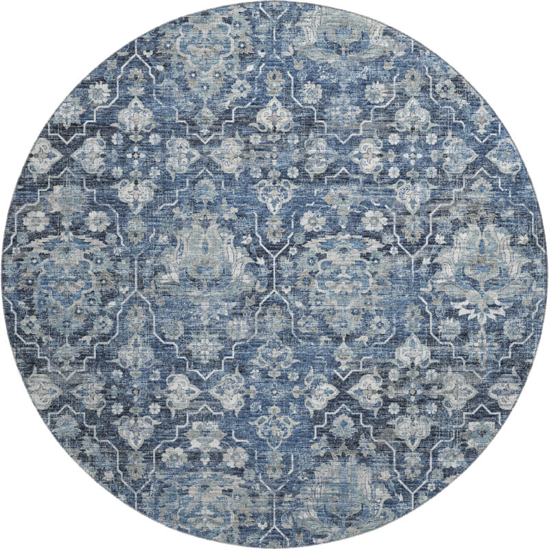 Premium Machine Washable Alliah AMF94 Blue Rug, Round 8'