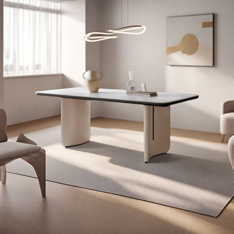 Table de salle à manger en pierre frittée avec pieds en bois courbés, Blanc / Gris, H 29,5 po x L 70,8 po x l 31,4 po