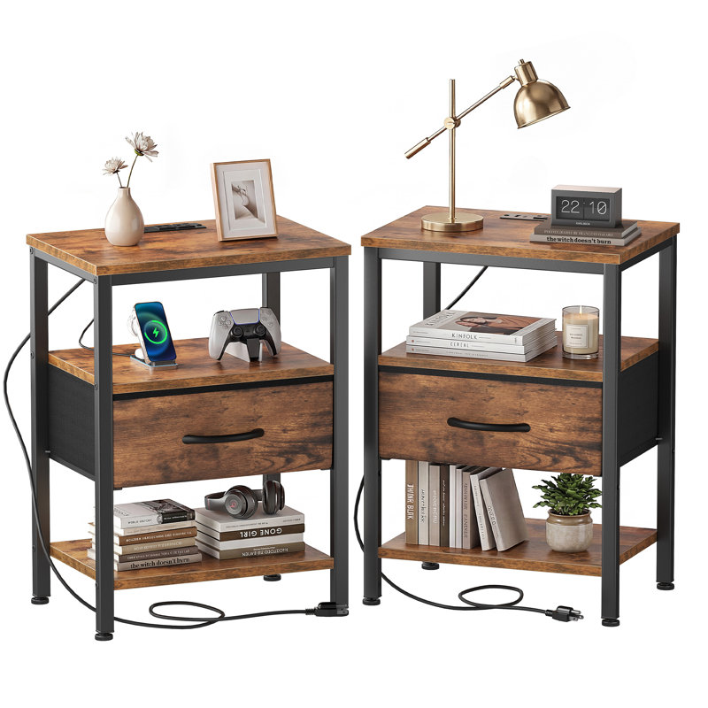 Nightstand with Built-in Charging Station, Bedside Table with Adjustable Fabric Drawer and 3-Tier Storage End Table