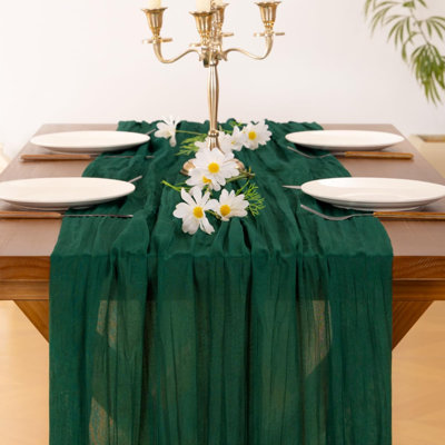 Chemin de table en gaze de fromage, style bohème estival, idéal pour mariage, anniversaire, fête ou décoration intérieure | Vert émeraude, ensemble de 2 pièces, gaze rustique de 3 m, chemin de table transparent de style ferme pour fête prénatale, enterrement de vie de jeune fille, décorations de fêtes