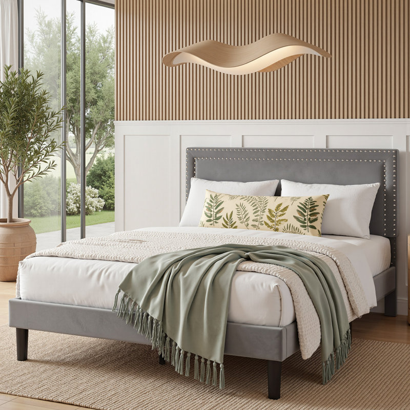 Full Size Dark Grey Velvet Upholstered Platform Bed with Adjustable Headboard, Modern Bed Frame with Wood Slats, No Box Spring Needed