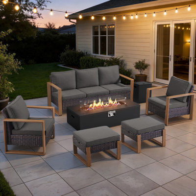 Drazen 7 - Person Patio Furniture Set With Fire Pit Table, All-Weather Wicker Outdoor Conversation Set With Chair And Thick Cushions