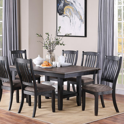 Ensemble de salle à manger 7 pièces transitionnel avec table en bois d'hévéa, tablette et chaises rembourrées en tissu