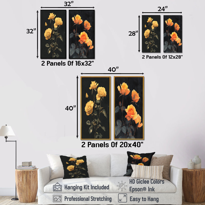 «Midnight Vintage Rose Flowers Elegance I», collection de 2 panneaux d'art sur toiles florales, H 28 po x l 25 po