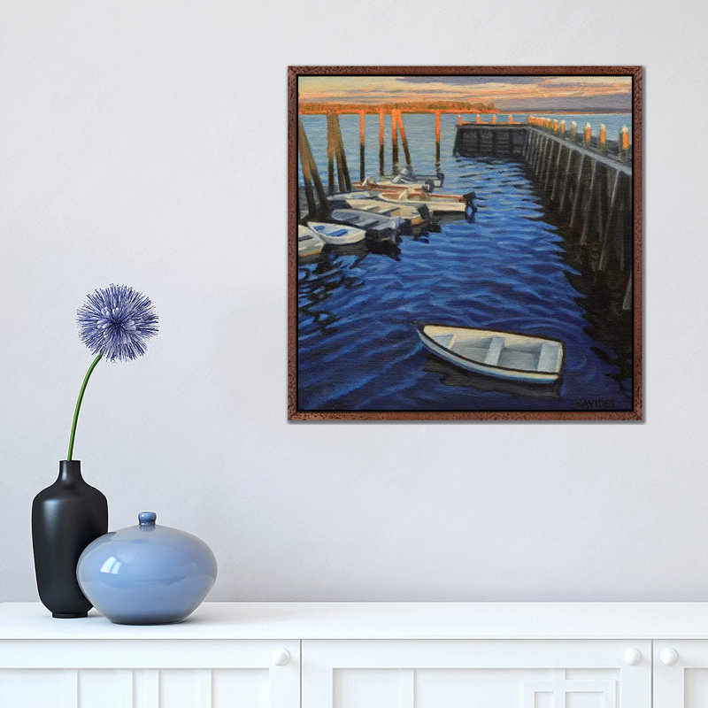 Chebeague Island Docks At Sunrise by Nick Savides - Print on Canvas, 45.72 cm H x 45.72 cm W, Classic Brown Wood Framed