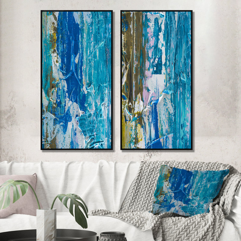Shades of Blue Abstract Brushes - Ensemble de 2 peintures sur toiles, H 40 po x l 40 po x P 1 po, Cadre flottant noir