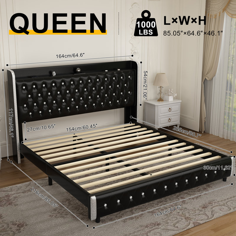 Modern Wingback Upholstered Platform Bed Frame With Galaxy Projector & USB Charging Port, LED Bed Frame With Adjustable Headboard, Easy Assembly, Heavy-Duty Steel Slat Support, No Box Spring Needed, Keyt