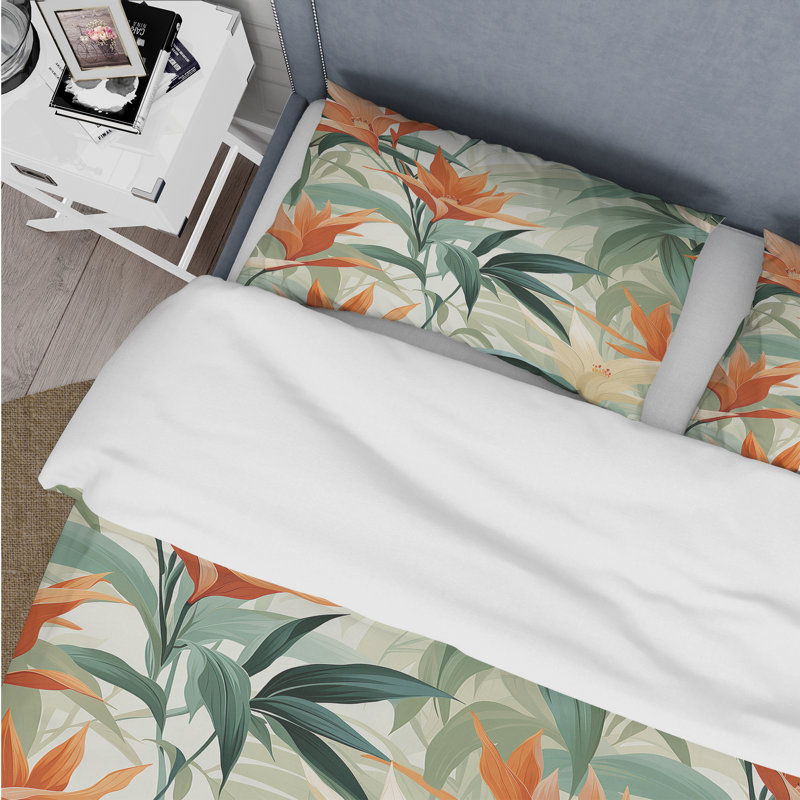 Ensemble de housse de couette à motif floral - Mirage de bambou vert et orange