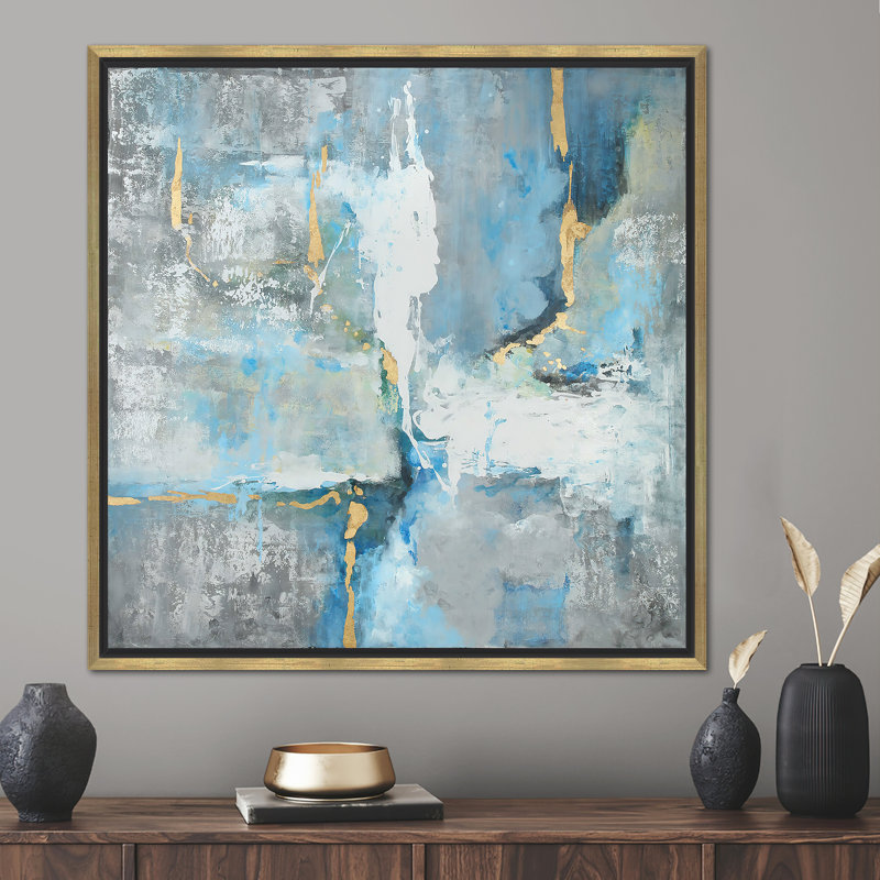 Rustique, vieux, effet de plâtre, toile abstraite bleue et grise pour décoration intérieure moderne, H 30 po x l 30 po, Doré