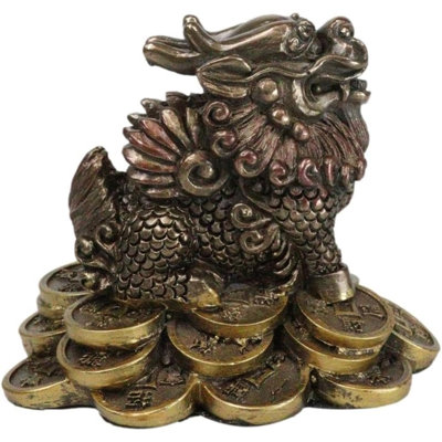 Figurine Feng Shui Fortune Dragon d'argent Chi Lin Yang Energy Gold Coins