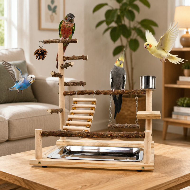 Support pour perroquet en bois de poivre naturel, perchoir de dressage d'oiseaux à plusieurs niveaux avec échelle d'escalade et pont pivotant, aire de jeu portable pour oiseaux avec gobelet pour petits perroquets moyens