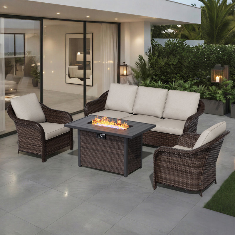 5-Person Outdoor Patio Conversation Rattan Seating Group With 50000BTU Fire Pit Table,2 Single Chair and Beige Cushions