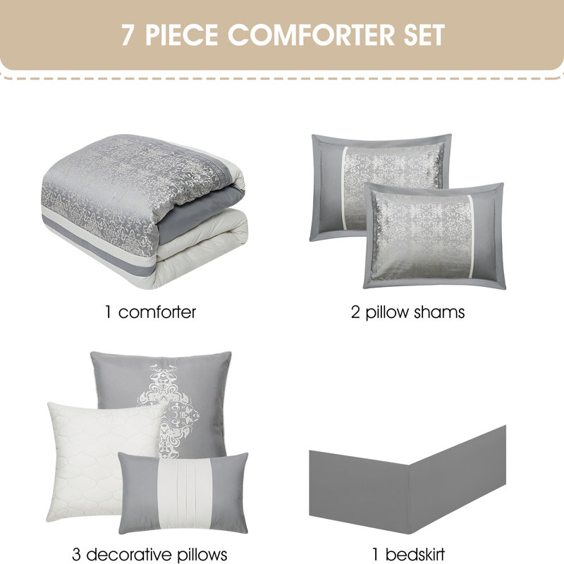 Gray King Microfiber 7-Piece Comforter Set with Damask Pattern