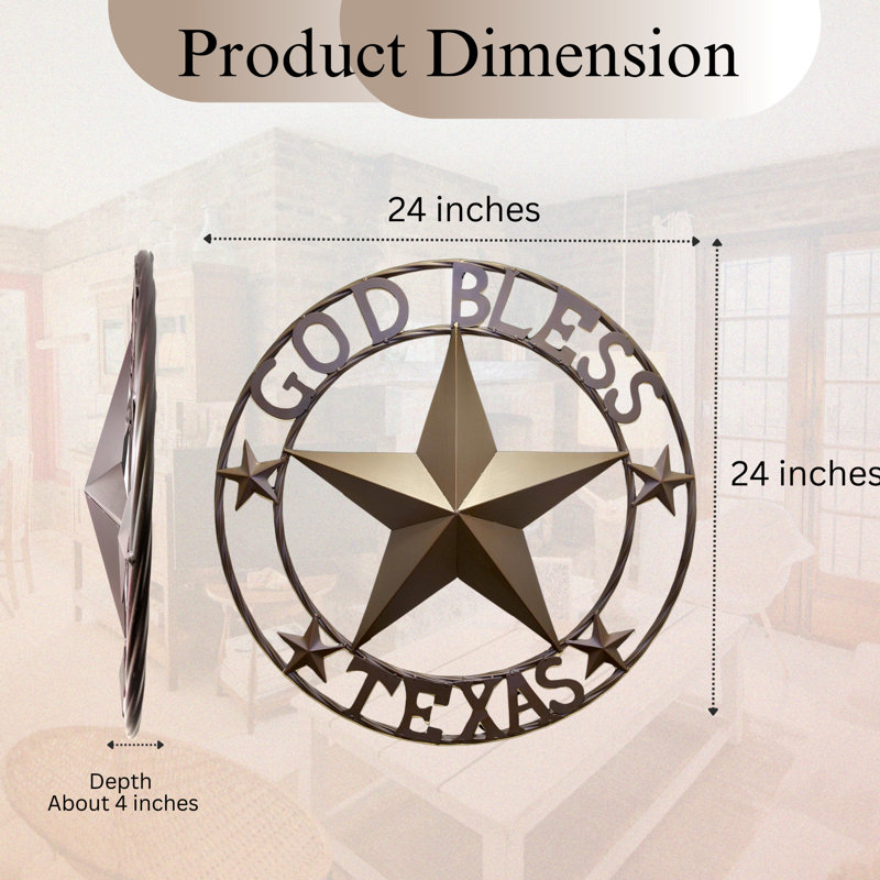 Metal Rustic Texas Wall Art Star Circle with "God Bless Texas" Sign 24"