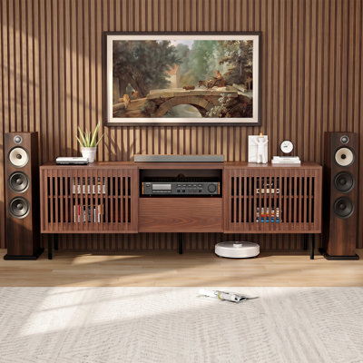 Meuble télé de 63 po de largeur pouvant accueillir un téléviseur de 70 po ou moins, console multimédia avec 2 portes à lattes, 5 tablettes et 1 tiroir