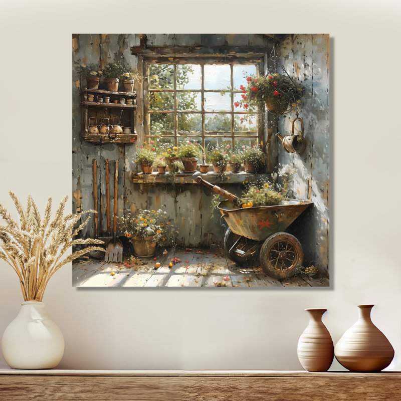Grey green A rustic charming garden shed - Farm Canvas Print, 36" H x 36" W, Wrapped Canvas