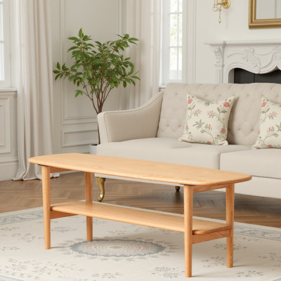 Solid Oak Coffee Table – 39" Natural Wood Desk w/Double Storage Shelves – Multi-Functional Living Room & Work Desk