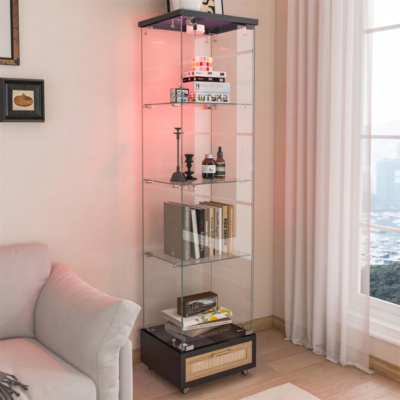 Vitrine à assemblage rapide avec tiroir, lumières DEL et tablettes, une solution de rangement fonctionnelle et élégante pour divers espaces