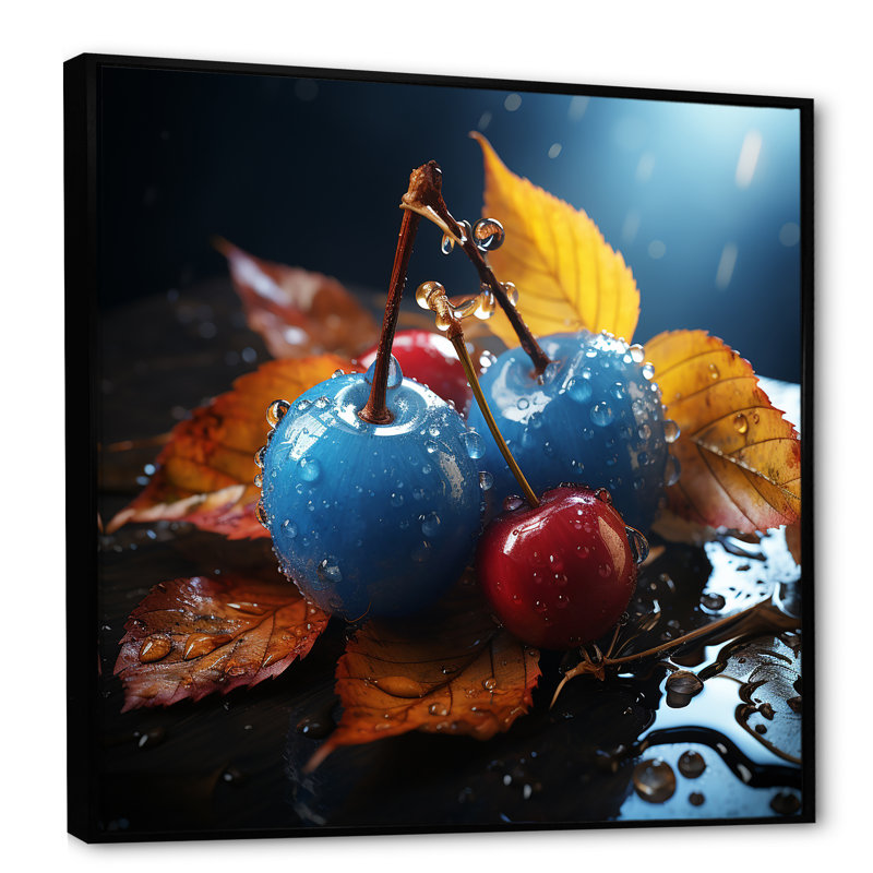 «Blue Autumnal Cherry Glass» - art mural cerise, H 36 po x l 36 po x P 1,5 po, Cadre flottant noir
