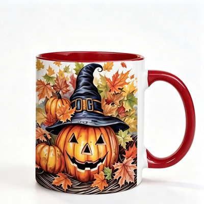 Spooky Halloween Ceramic Mug with Witch Hat & Pumpkin Design Cup Suitable for Home, Parties, Gifts, Autumn Fall Decorations.