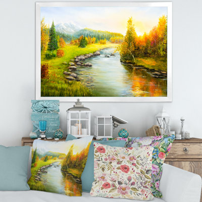 Paysage d'automne avec les montagnes et la rivière - peinture sur toile