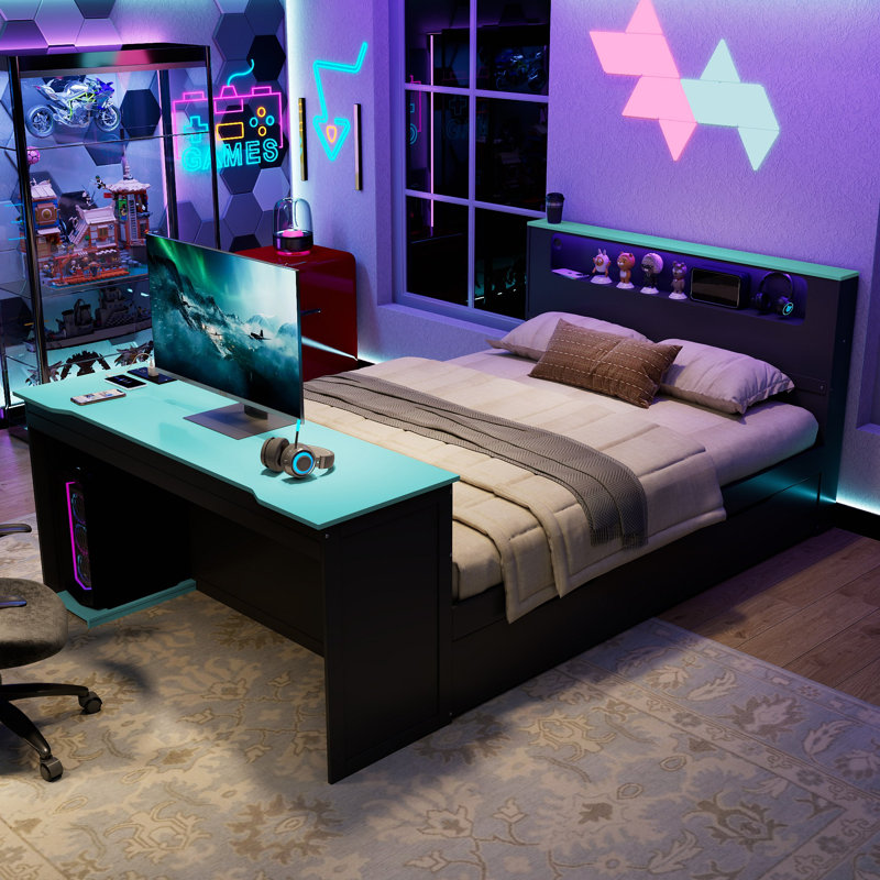 Wood Daybed With Trundle,Desk,LED Light And USB, Lit double, Noir / Bleu