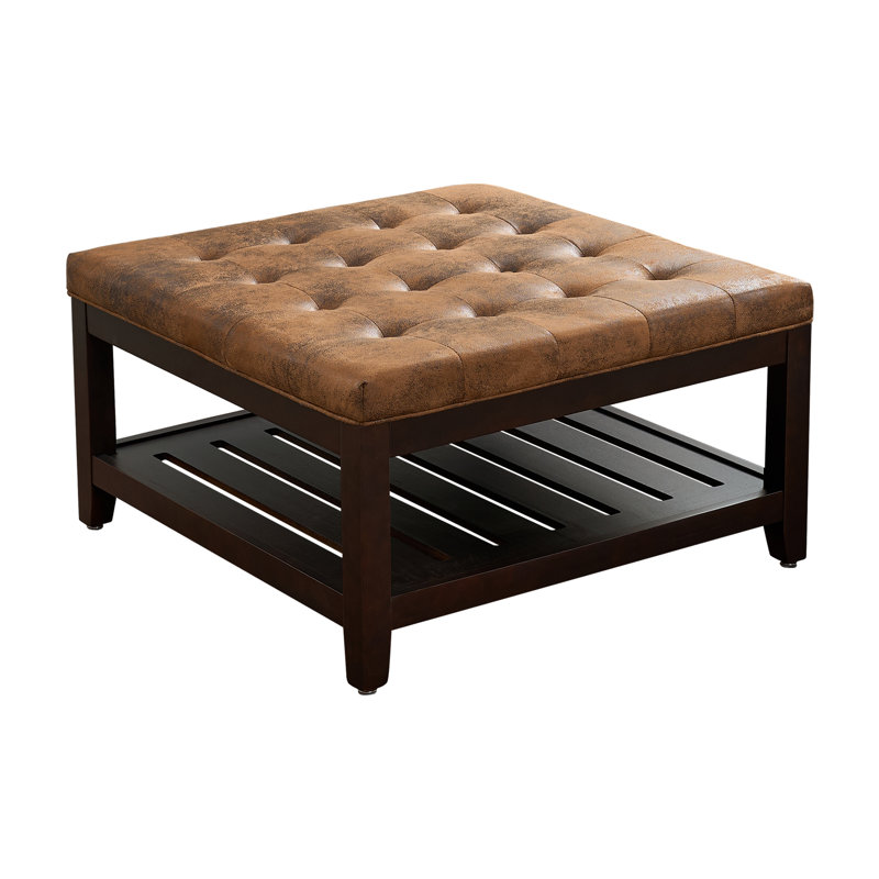 Repose-pieds de cocktail carré 33,5 po de large avec plateau libre, Brown Faux Leather