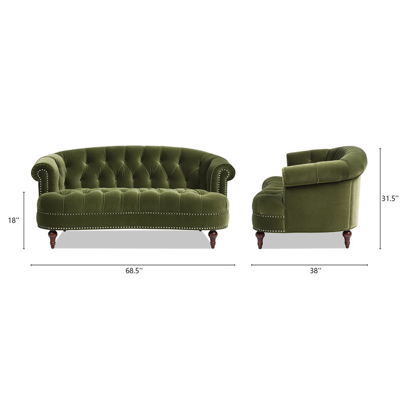 Joannes Velvet Rolled Arm Chesterfield, Olive Green, 32" H x 68.5" W x 38" D