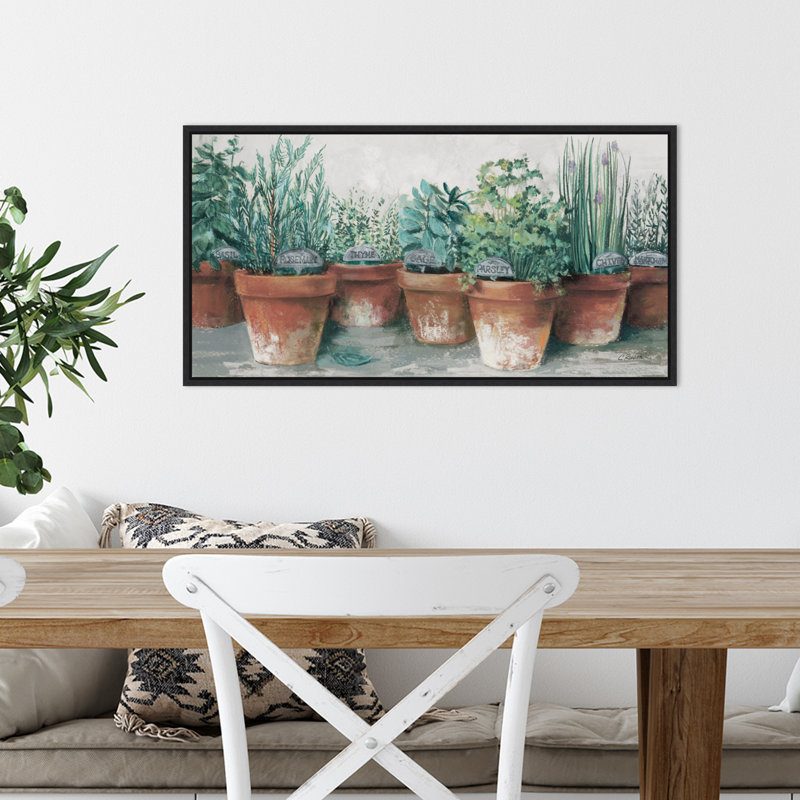 «Pots of Herbs II Cottage» par Carol Rowan, reproduction d'art sur toile flottante