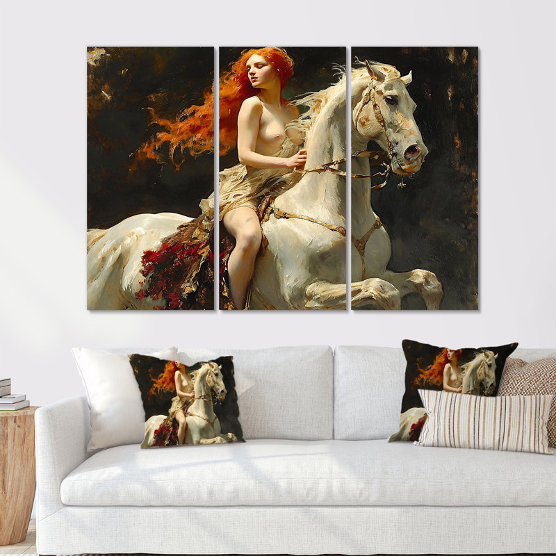 «Wild Lady Godiva On White Horse - Modern Art», ensemble d'art mural, Toile tendue, H 40 po x l 60 po x P 1 po