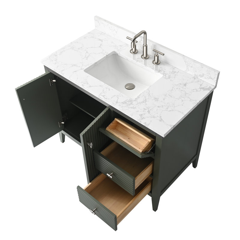 Laval 42" Single Sink Freestanding Bathroom Vanity with Engineered Marble Top, Brushed Nickel, Linear Vintage Green