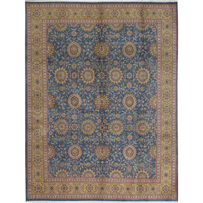 Tapis bleu et doré de haute qualité noué à la main