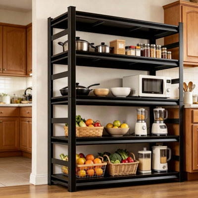 5 Tier 72"H x 36"W x 16"D Pot Pan Rack with Fences Adjustable Pot and Pan Organier Storage Shelf Heat Resistant Black Metal Shelf with Storage 3000LBS Racks for Frying Pan Kitchen Pantry Dinning Room