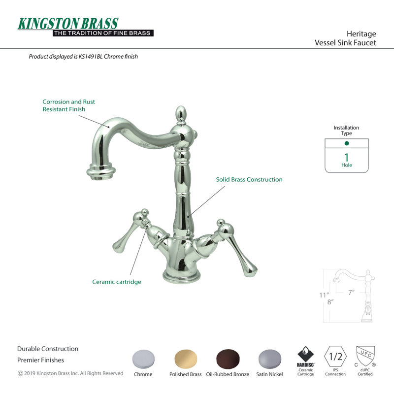 Kingston Brass Heritage Two-Handle 1-or-3 Hole Deck Mount Vessel Faucet, Brushed Nickel