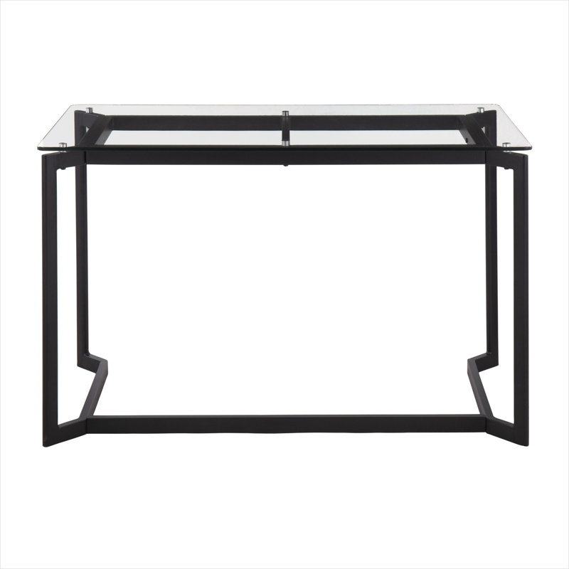 Bureau d'écriture rectangulaire avec plateau en verre trempé et structure en acier noir, 47,25 po de largeur, transparent et noir