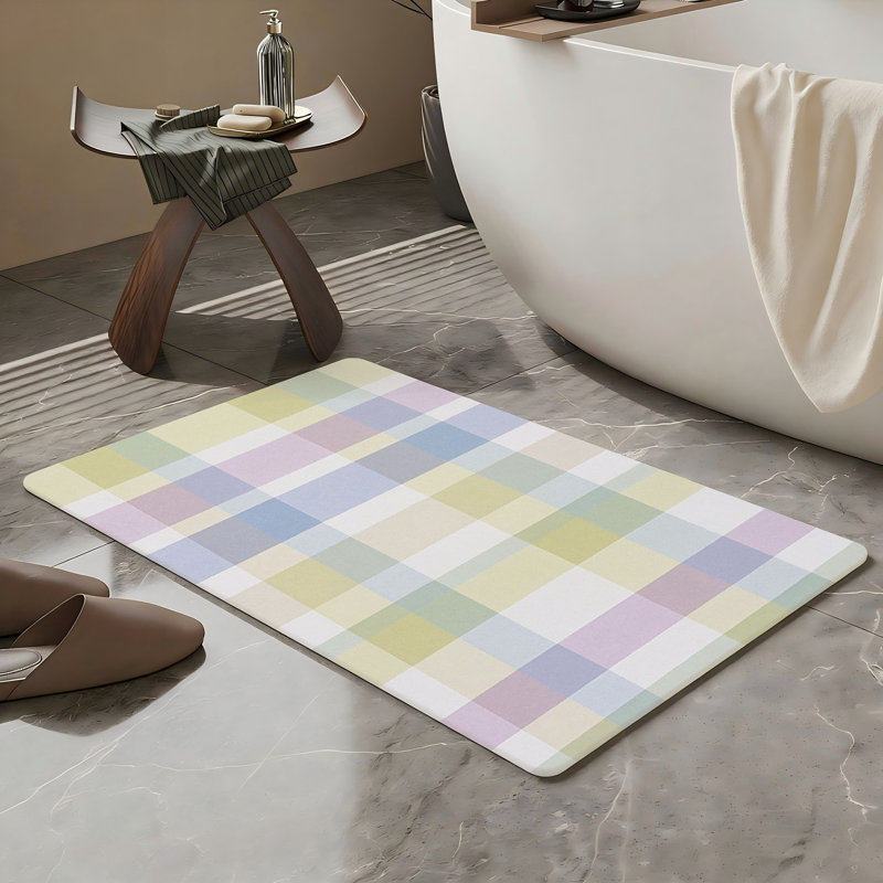 Tapis de salle de bain pastel à carreaux, 20 po x 32 po, Bleu / vert / tissu écossais mauve