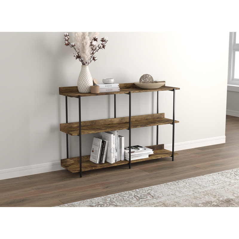 Console industrielle de 34 pouces, canapé-lit étroit à 3 niveaux avec tablettes, finition en bois récupéré et cadre en métal noir pour le vestibule, le couloir