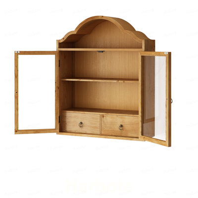 Armoire murale rétro en bois massif vieilli rustique avec plateau ondulé élégant, pour la salle à manger, la cuisine, le salon et la salle de bain