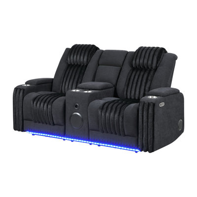 Fauteuil inclinable électrique noir avec DEL, haut-parleur et console centrale - Produit moderne, revêtement, rembourrage en bois, style, cadre