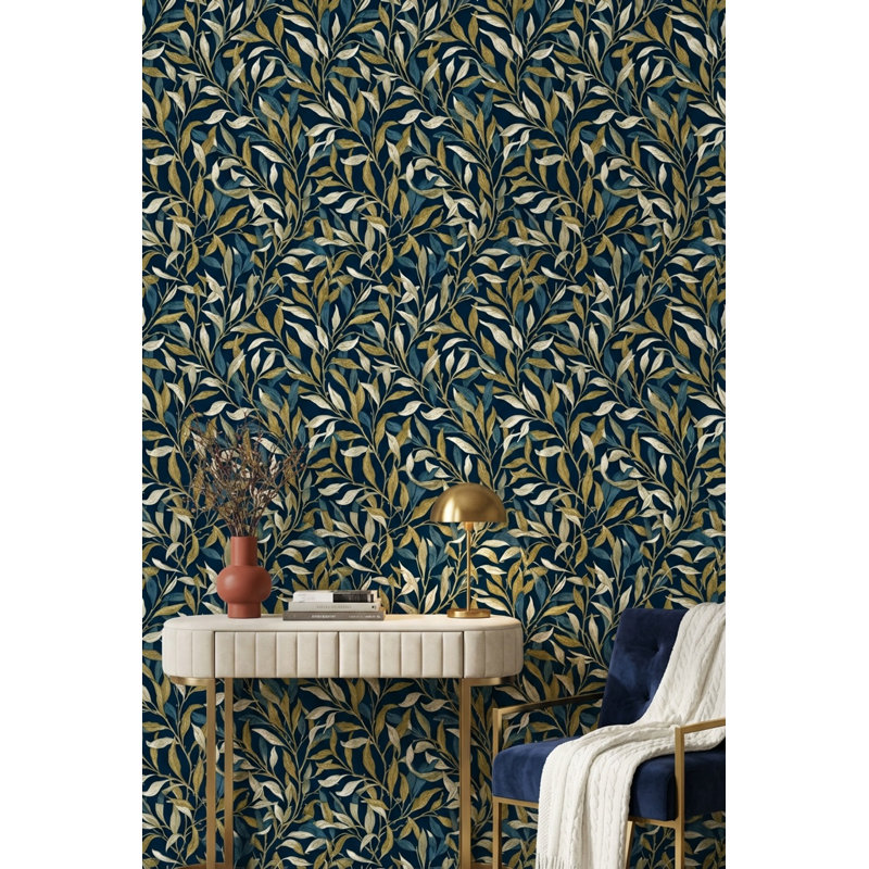 Papier peint feuilles, décoration murale moderne bleu marine, Non tissé, non collé