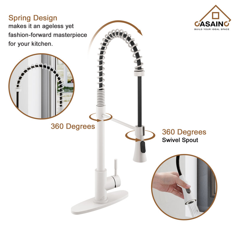 Spring Pull Down Sprayer Kitchen Faucet with Dual-Function Spray Head and Deck Plate, Matte White