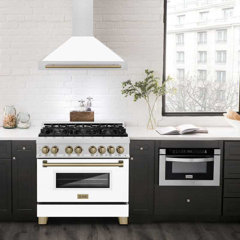 ZLINE Autograph Edition 36 in. Convertible Satin Stainless Steel Wall Mount Range Hood, White Matte/Champagne Bronze