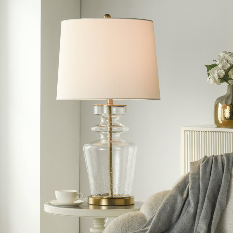 Glass & Steel Table Lamp - Clear Seeded & Gold - Off-White Shade
