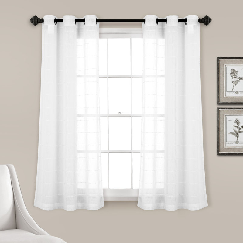 Lush Decor Farmhouse Textured Grommet Sheer Curtain Panels Pair Drapes (Set of 2), 38" W x 63" L, White