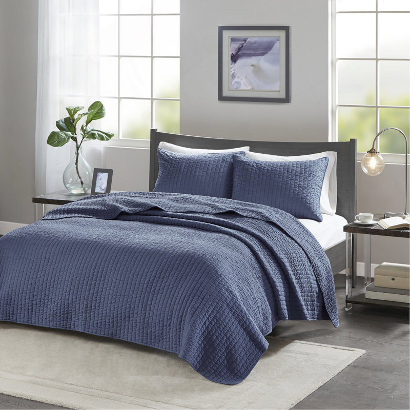 Ensemble de courtepointe 3 pièces bleu marine double / grand, Couvre-lit grand + 2 taies, Marine