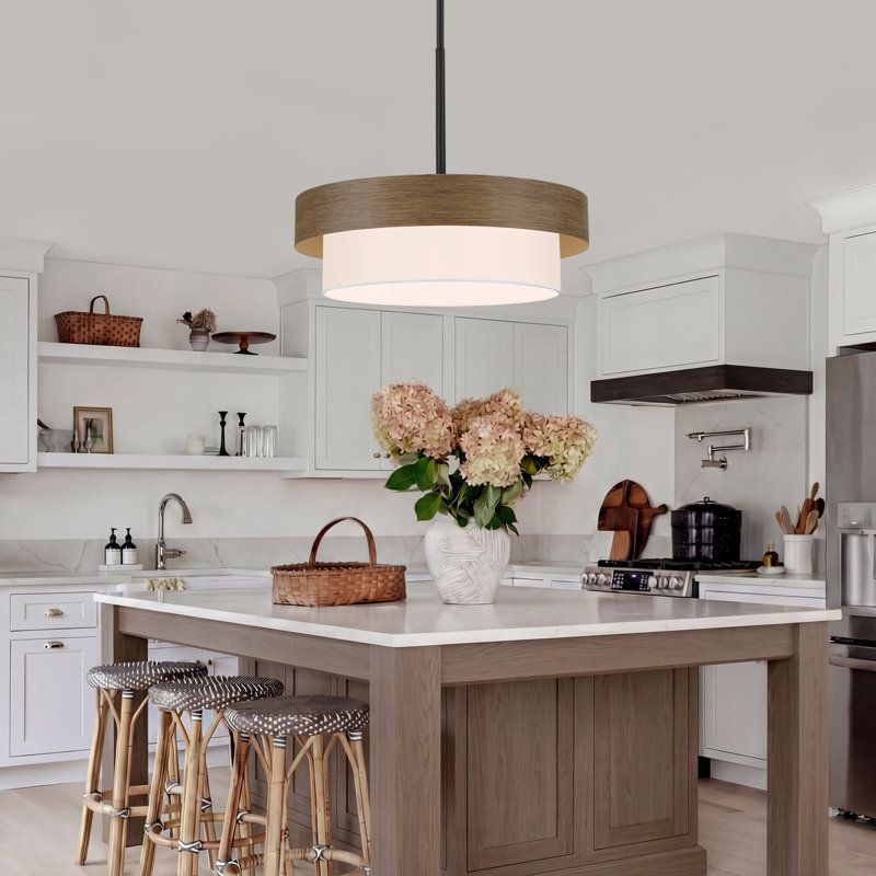 5 - Light Farmhouse Drum Chandelier With Wood Texture & White Fabric Shade, Brown