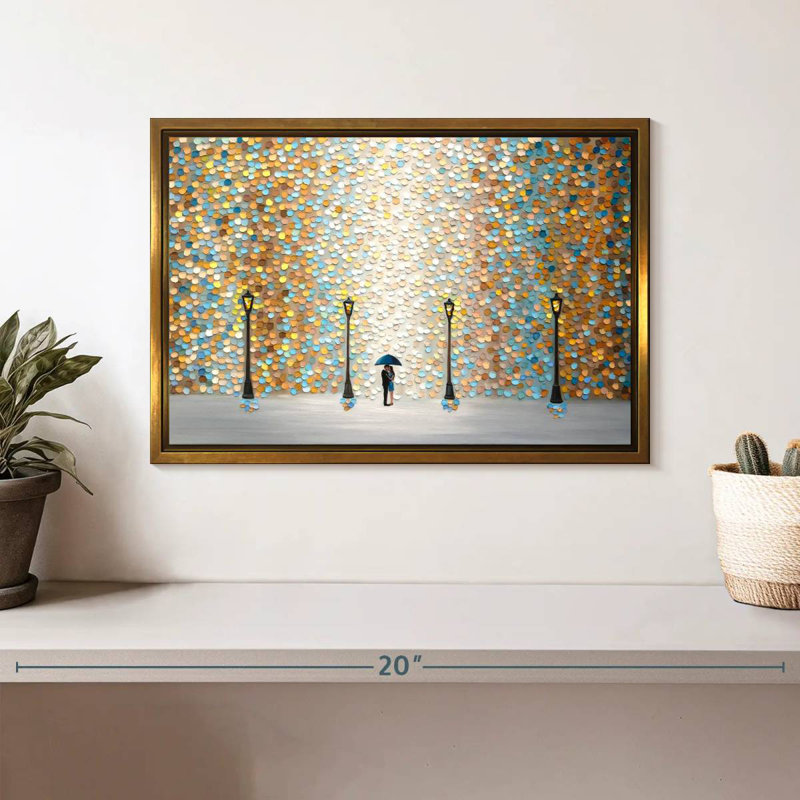 Baiser sous la pluie dorée, Cadre flottant doré, 13 po x 9 po