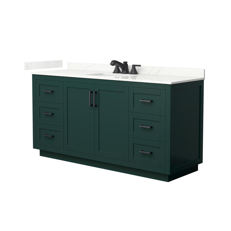 Miranda 66" Freestanding Single Bathroom Vanity with Quartz Top, Giotto Quartz, Green, Matte Black