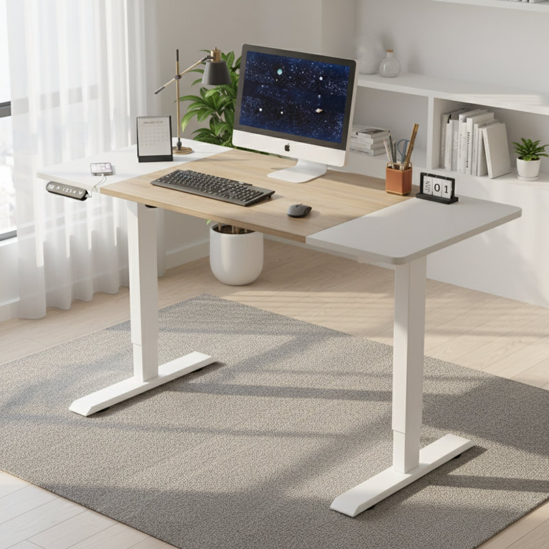 Bureau électrique à hauteur réglable, H 45 po x l 55 po x P 24 po, Bois de chêne naturel / blanc antique, Blanc